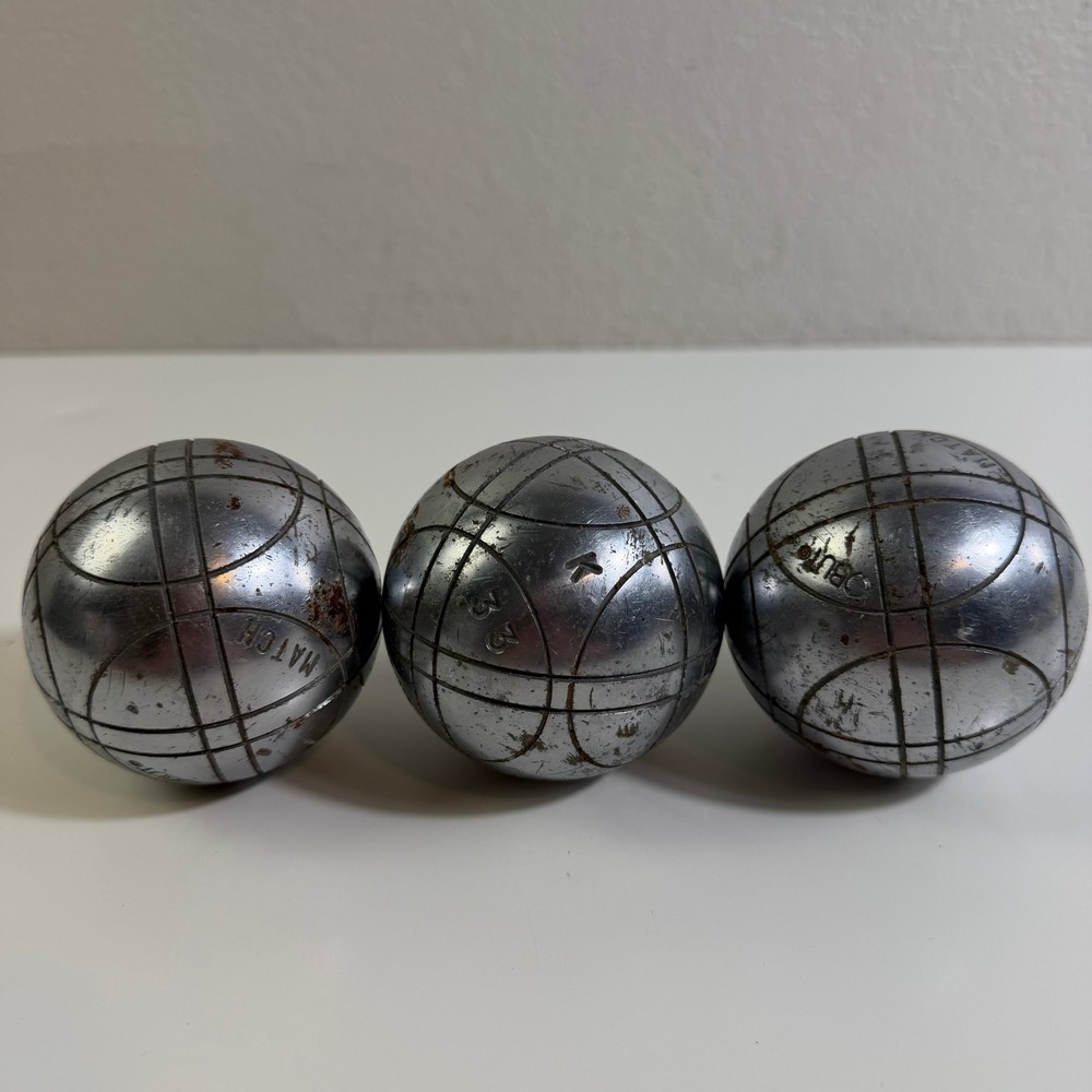 Obut Match Petanque Boules Set of 3 French Bocce Balls Steel Grooved Silver